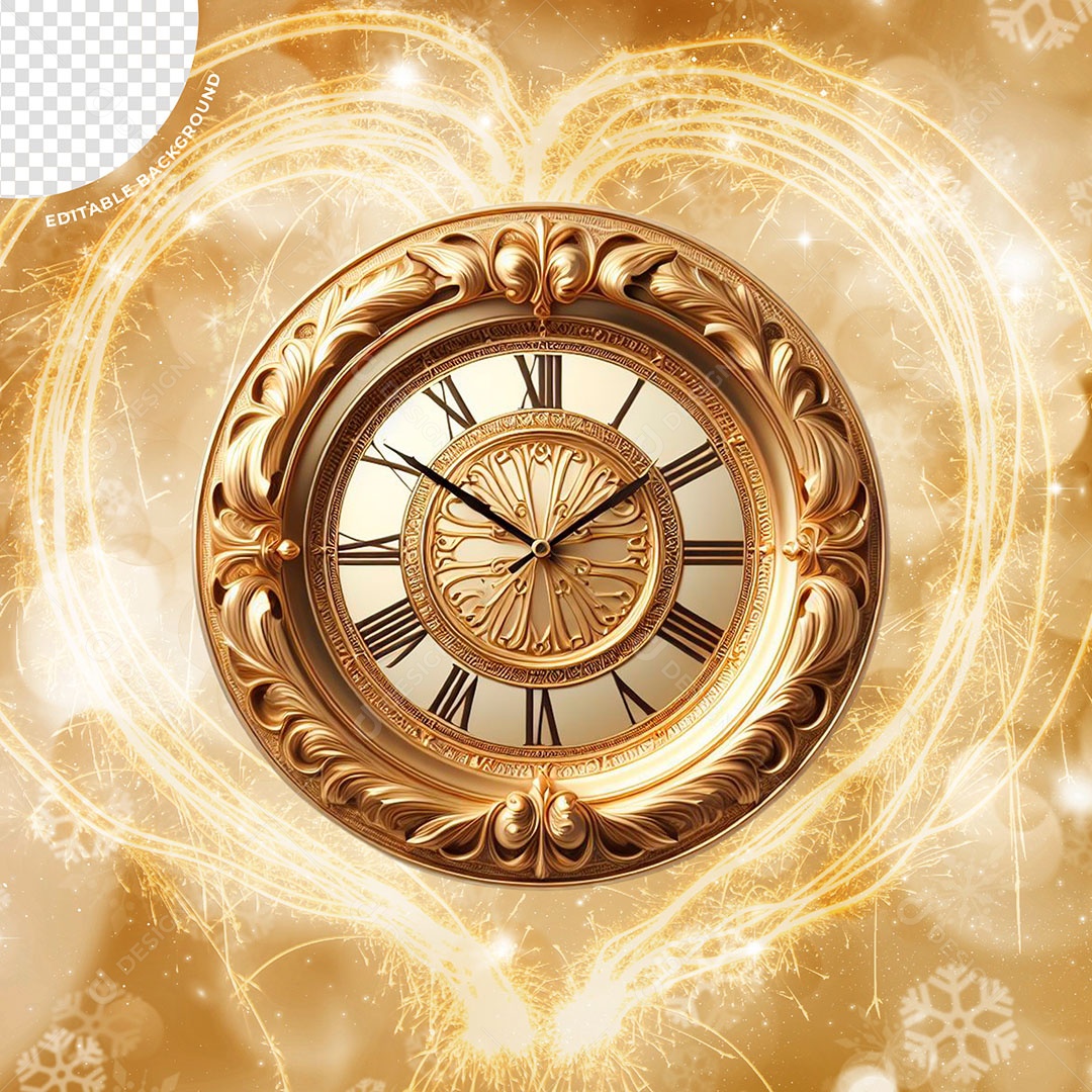 Relógio de Ano Novo Elemento 3D Dourado para Composição PSD