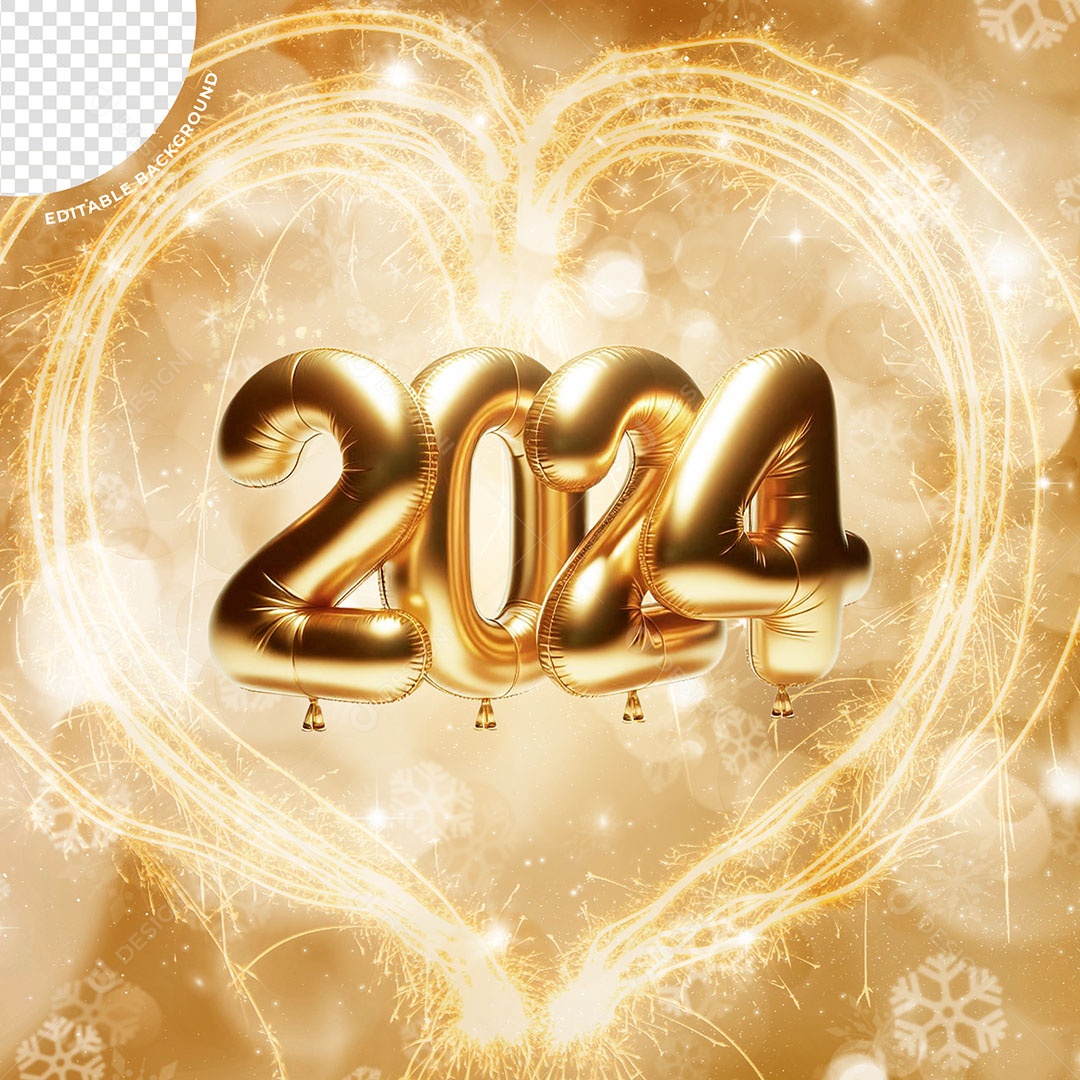 Balões de Números 2024 Elemento 3D Dourado para Composição PSD