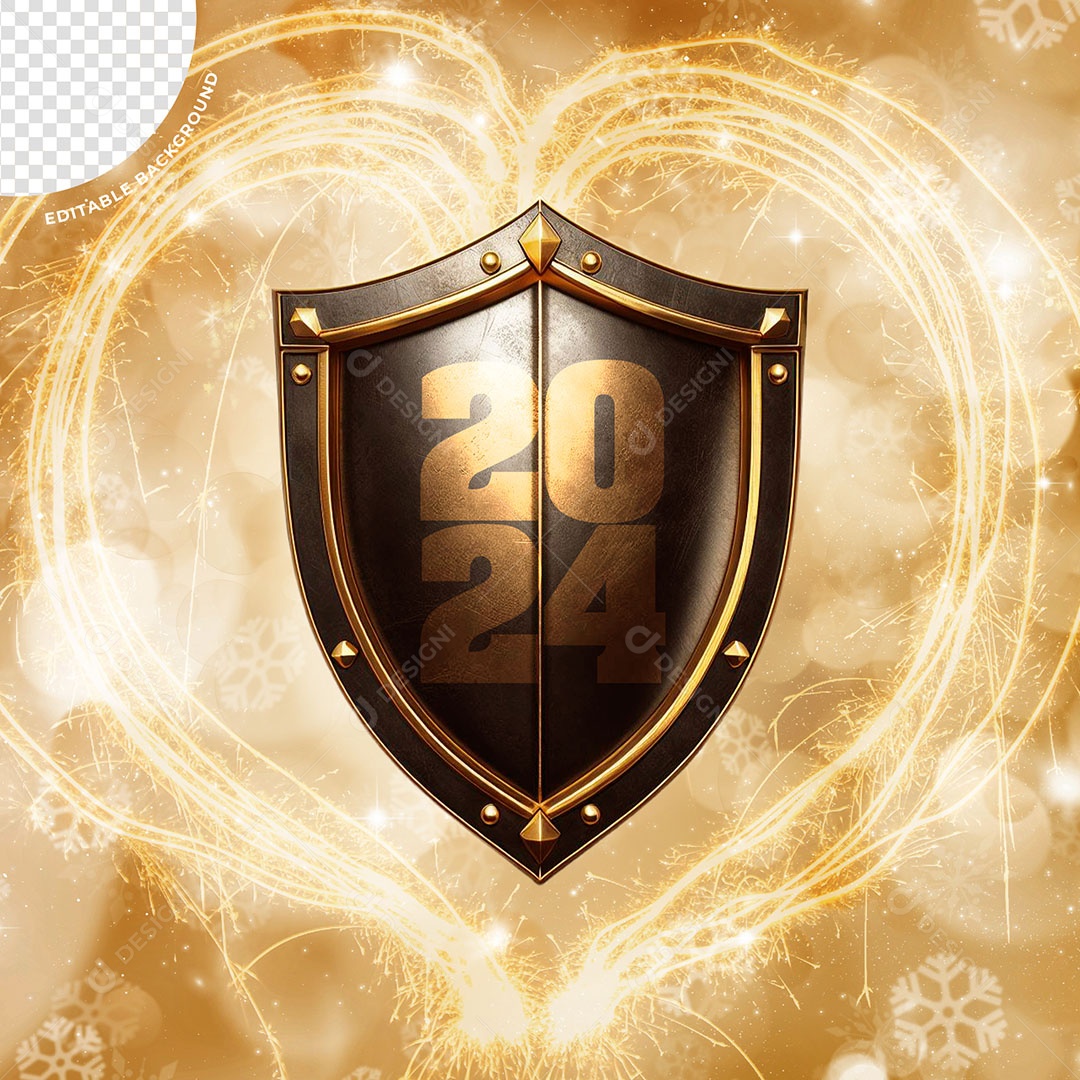 Escudo com Número 2024 de Ano Novo Elemento 3D para Composição PSD