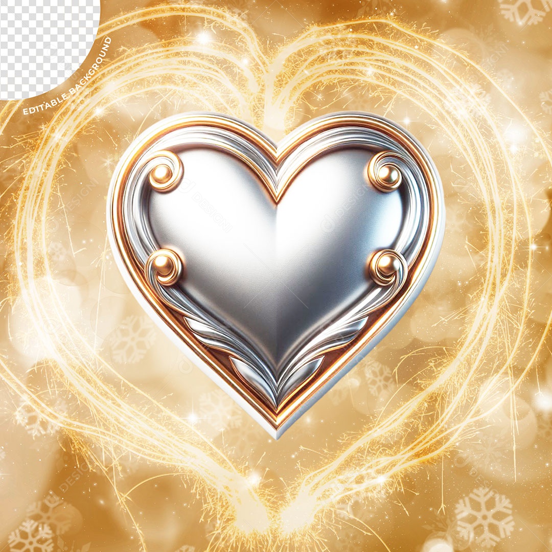 Coração Elemento 3D Prata Dourado para Composição PSD