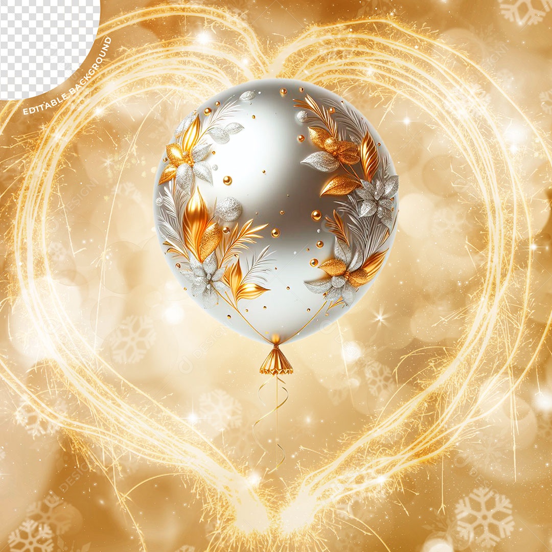Balão de Ano Novo Elemento 3D Dourado Prata para Composição PSD