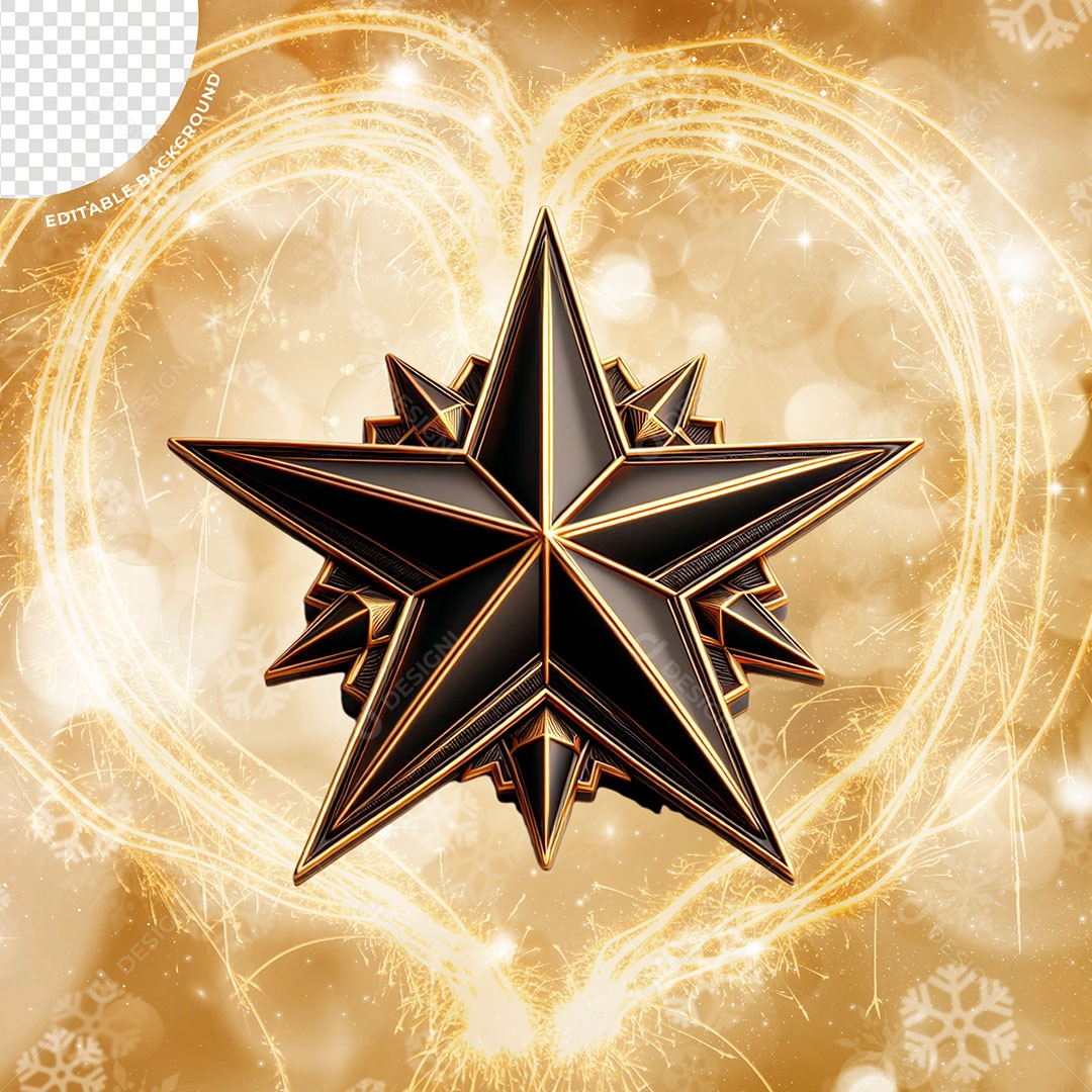 Estrela de Ano Novo Elemento 3D Preta Dourada para Composição PSD