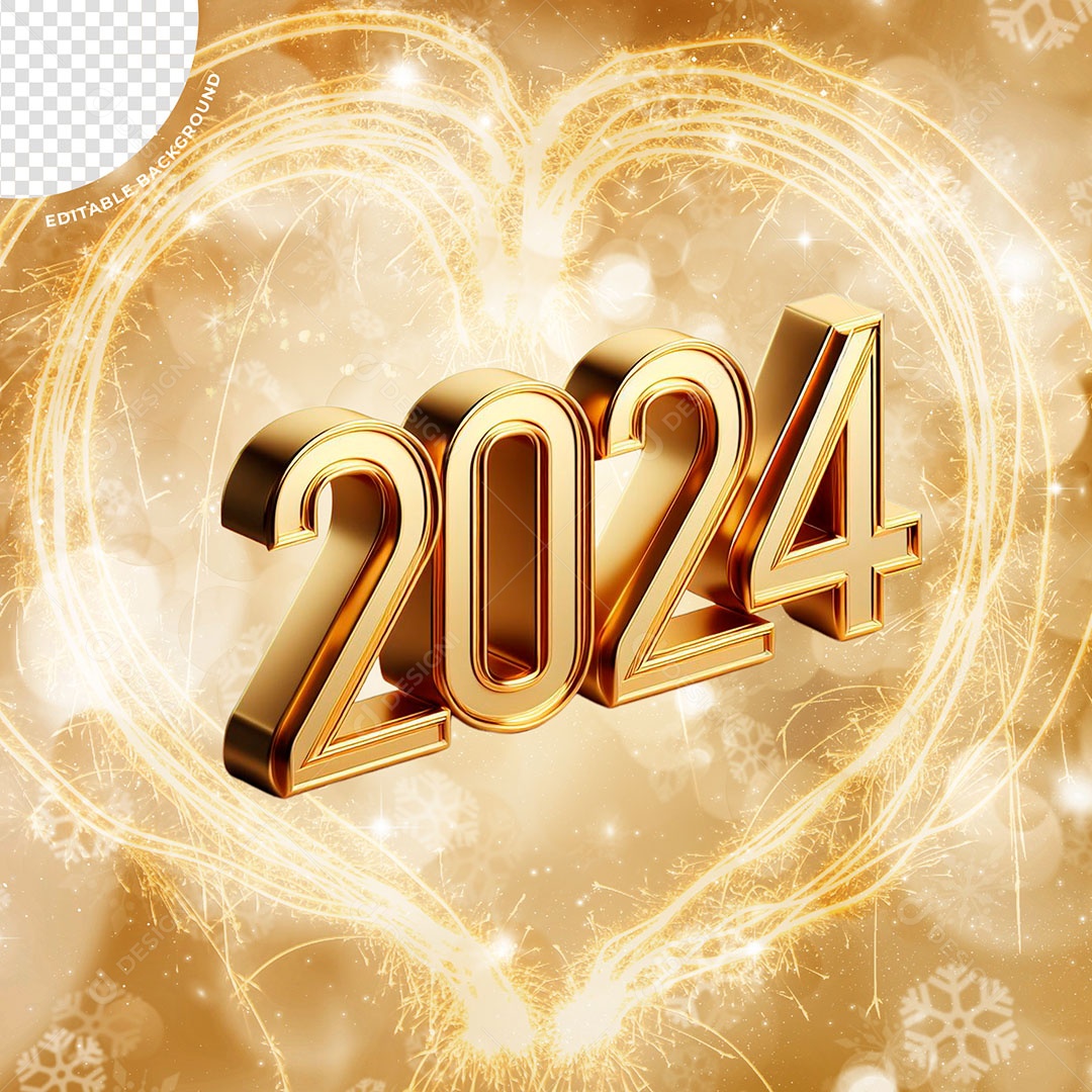 Número 2024 Dourado de Ano Novo Elemento 3D para Composição PSD