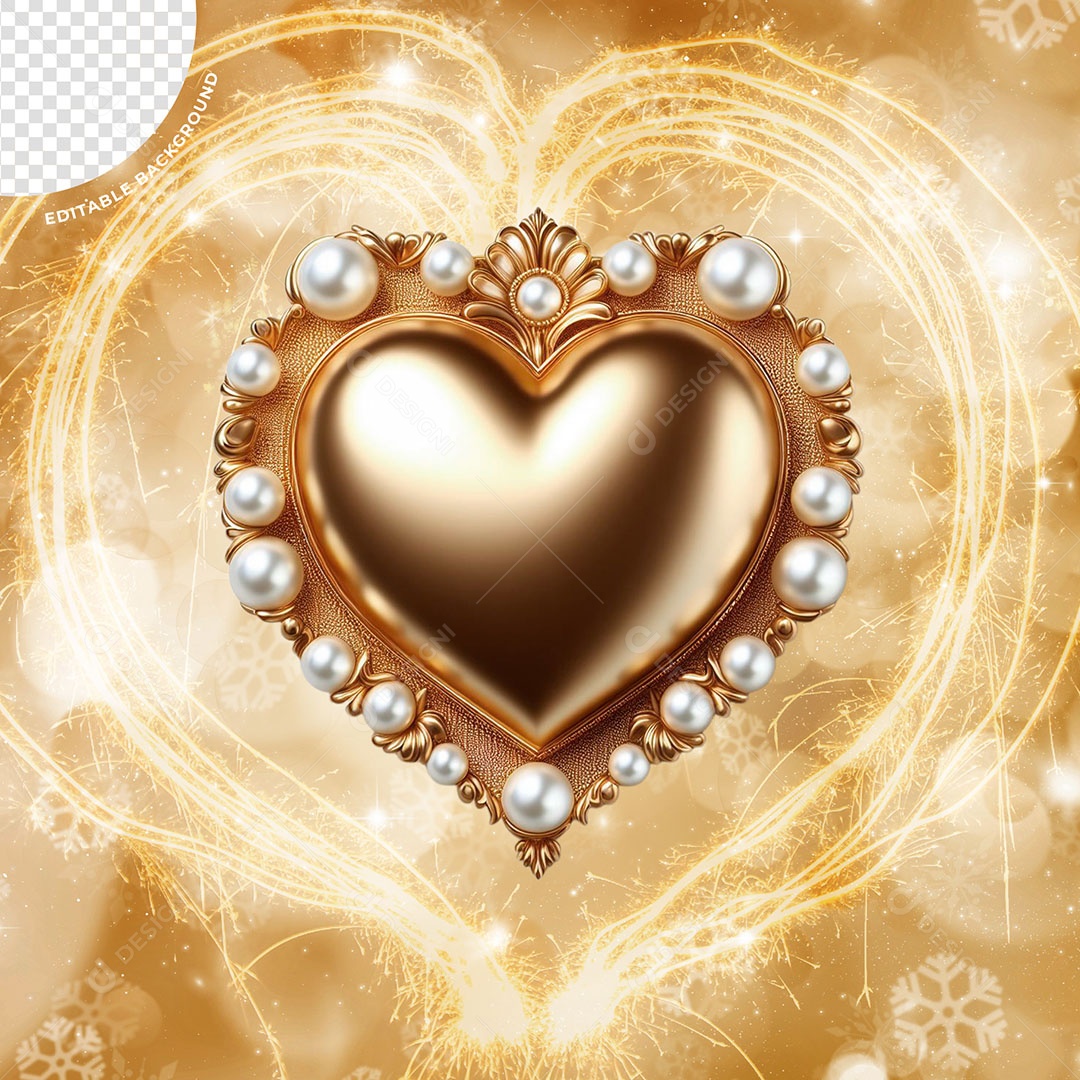 Coração e Perolas Elemento 3D Dourada Branco para Composição PSD