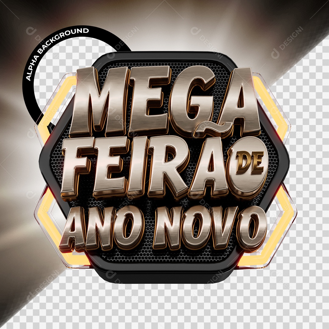 Mega Feirão De Ano Novo Selo 3D Dourado e Preto para Composição PSD