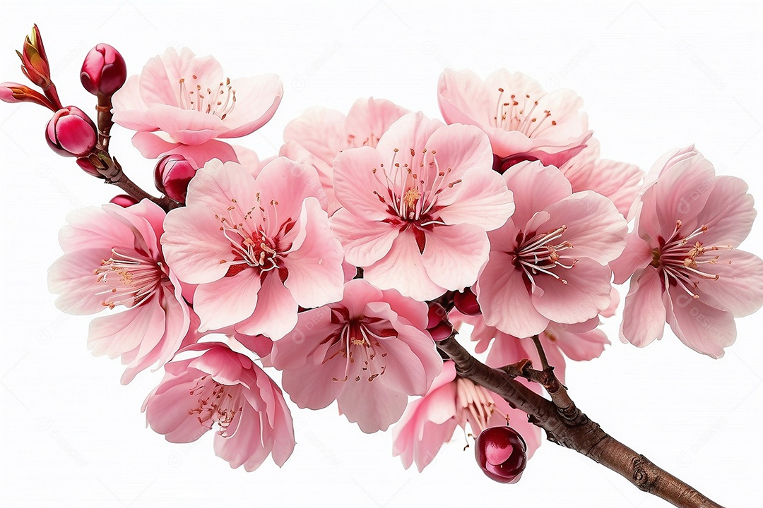 Flor de cerejeira em alto detalhe isolada em fundo branco