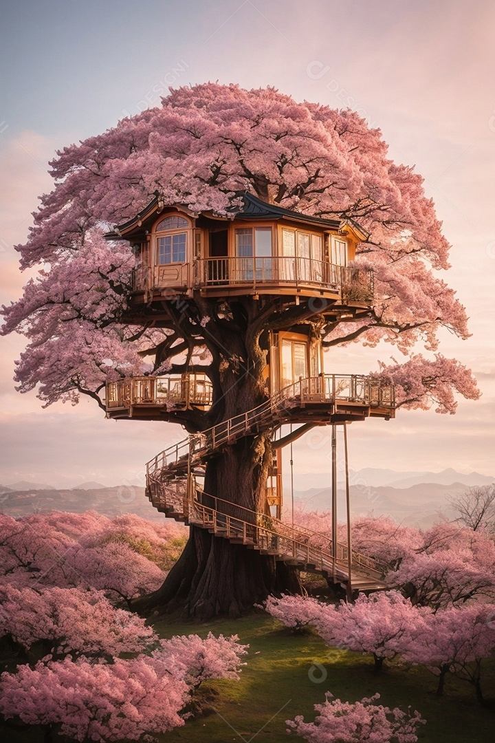 Casa na árvore clássica em uma cerejeira gigante