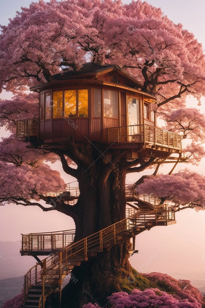 Casa na árvore clássica em uma cerejeira gigante