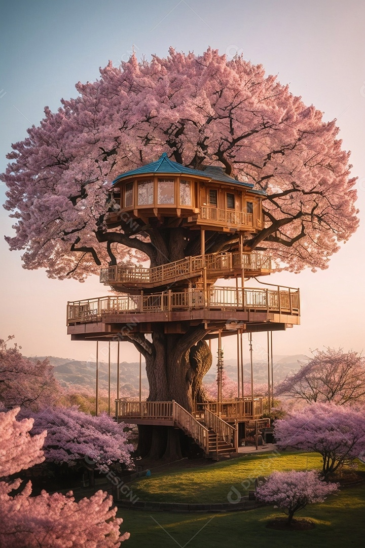 Casa na árvore clássica em uma cerejeira gigante