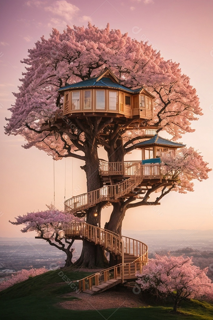 Casa na árvore clássica em uma cerejeira gigante