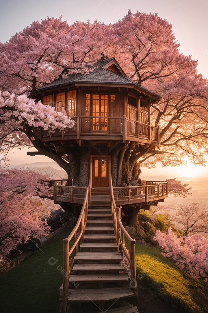 Casa na árvore clássica em uma cerejeira gigante