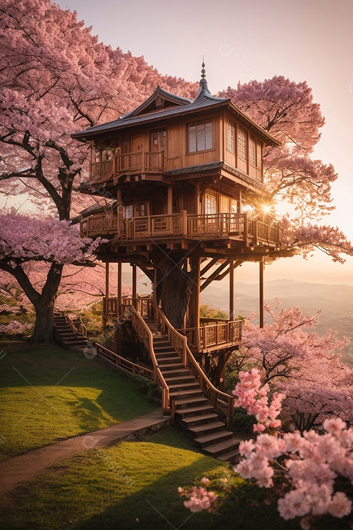 Casa na árvore clássica em uma cerejeira gigante
