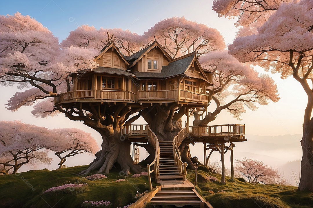 Casa na árvore clássica em uma cerejeira gigante
