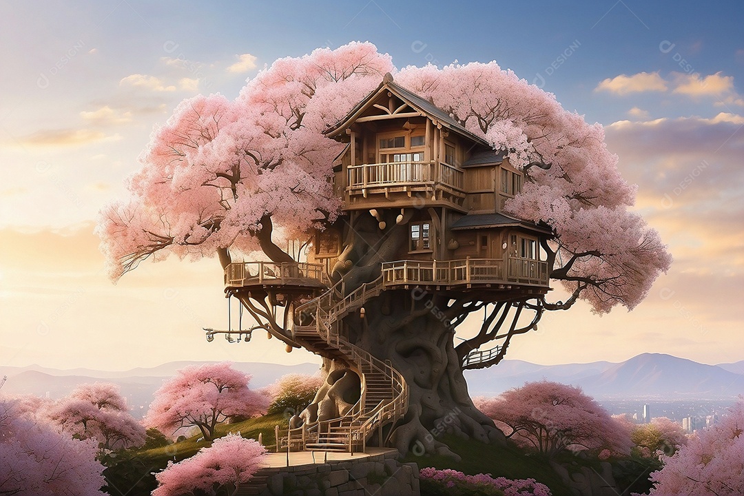 Casa na árvore clássica em uma cerejeira gigante