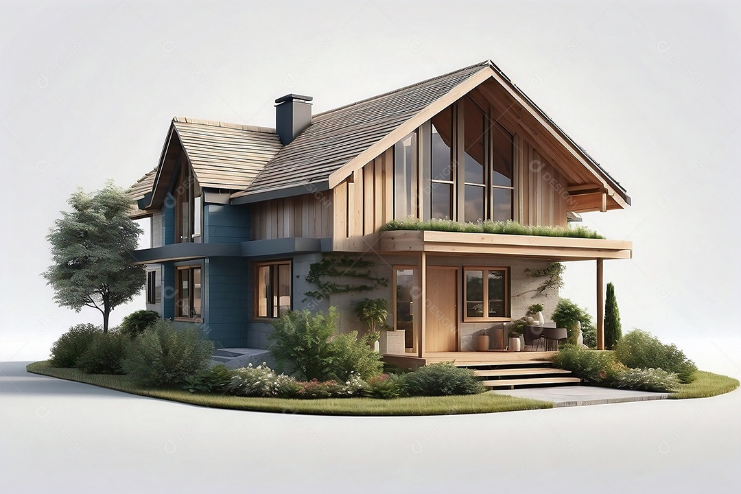 Renderização 3D com alto nível de detalhes de uma casa moderna