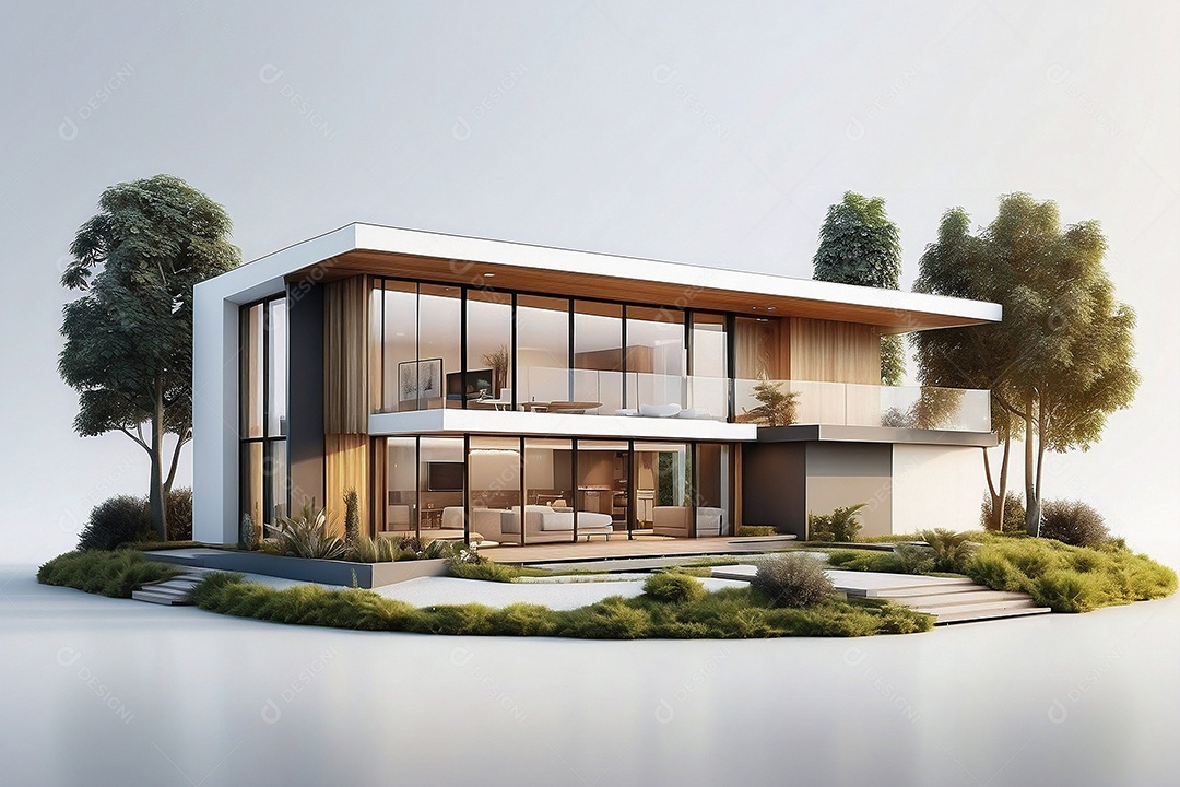 Renderização 3D com alto nível de detalhes de uma casa moderna