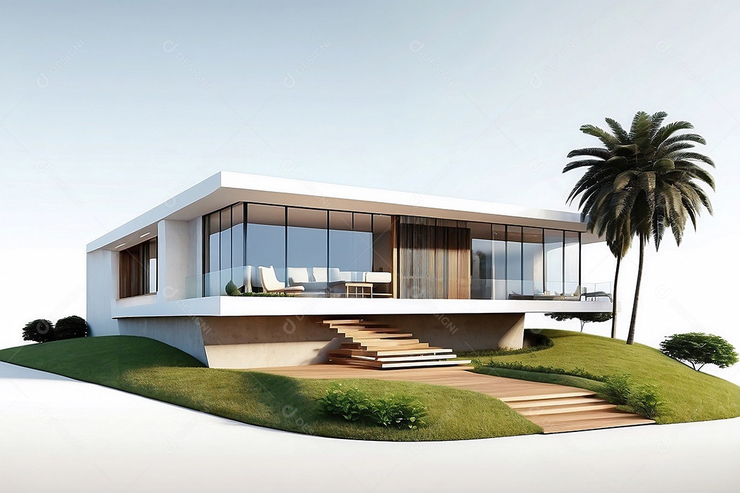 Renderização 3D com alto nível de detalhes de uma casa moderna