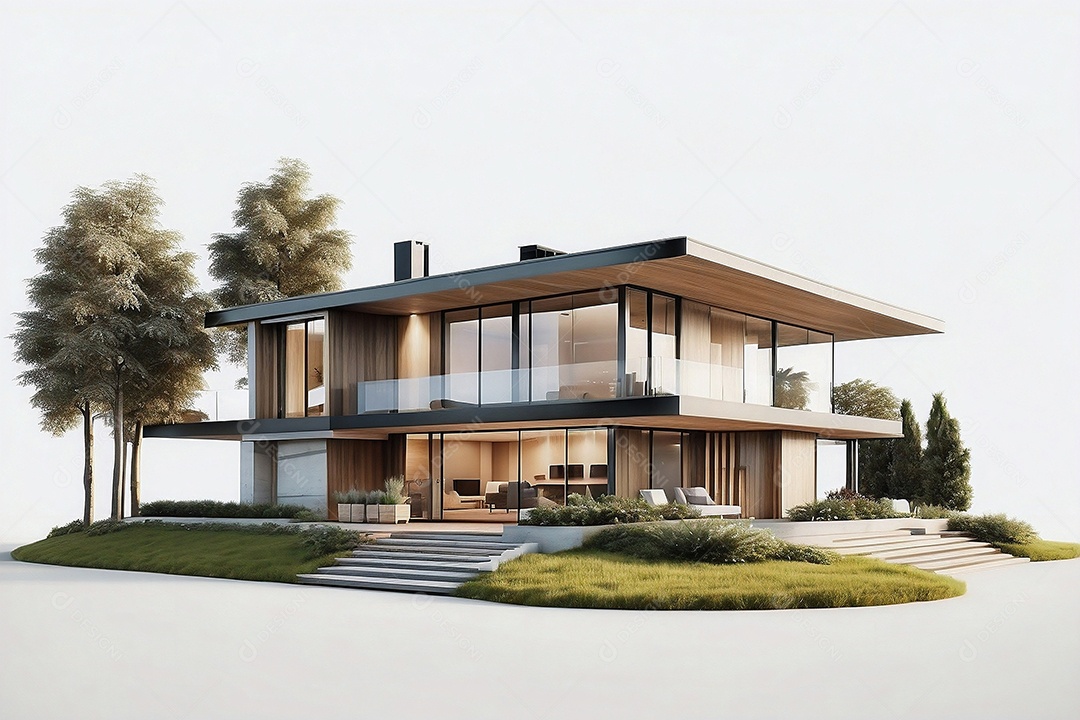 Renderização 3D com alto nível de detalhes de uma casa moderna