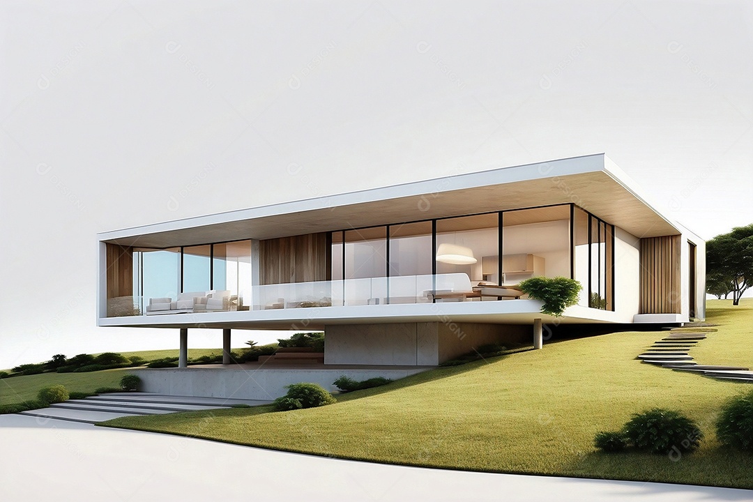Renderização 3D com alto nível de detalhes de uma casa moderna