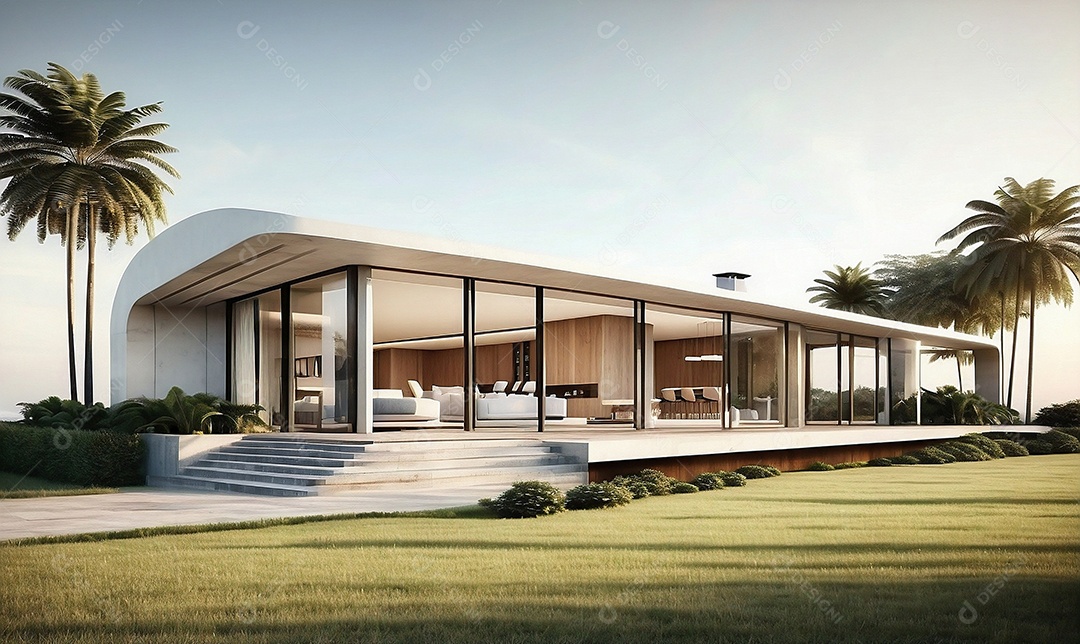 Renderização 3D com alto nível de detalhes de uma casa moderna