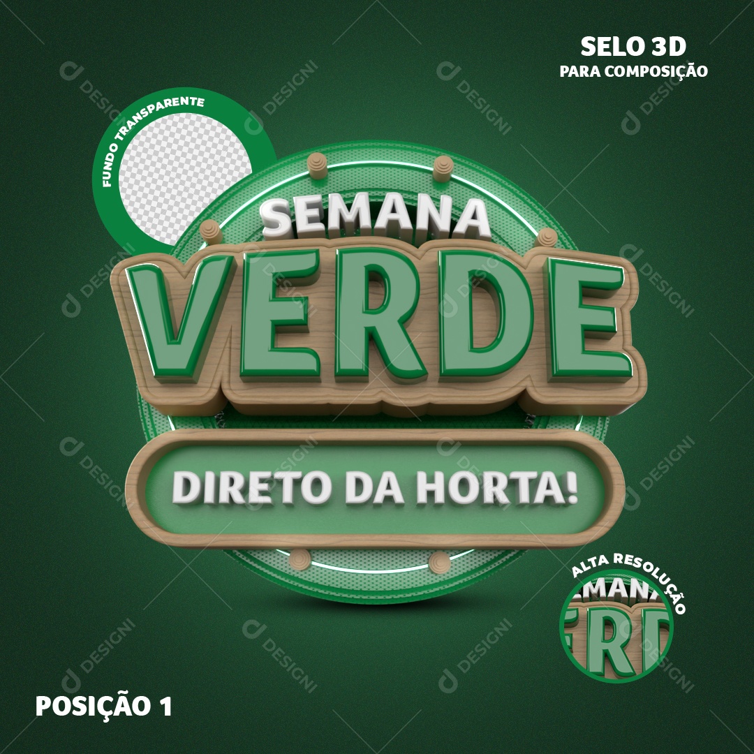 Selo 3D Semana Verde Direto da Horta Para Composição PSD