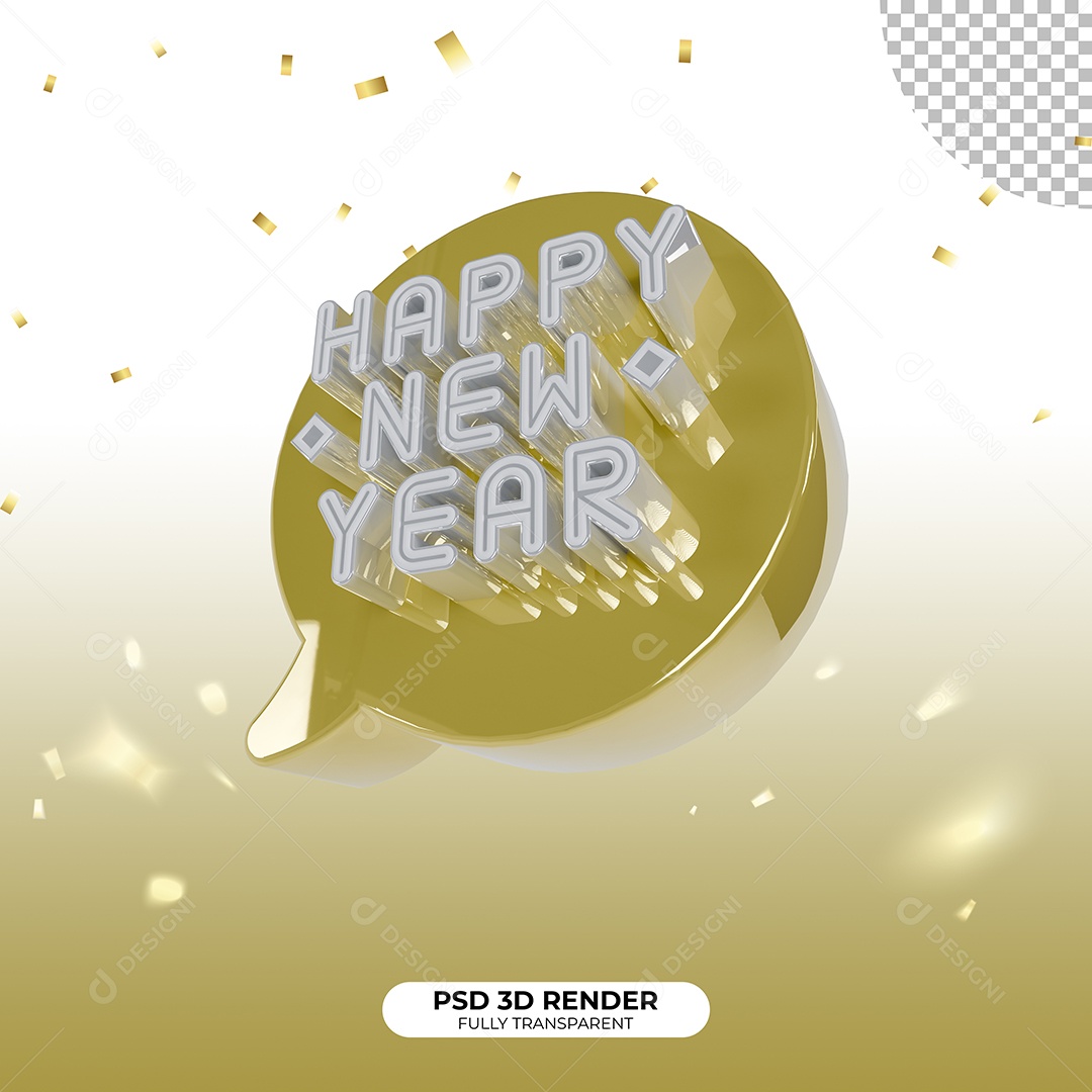 Feliz Ano Novo Happy New Year Selo 3D Dourado e Branco para Composição PSD