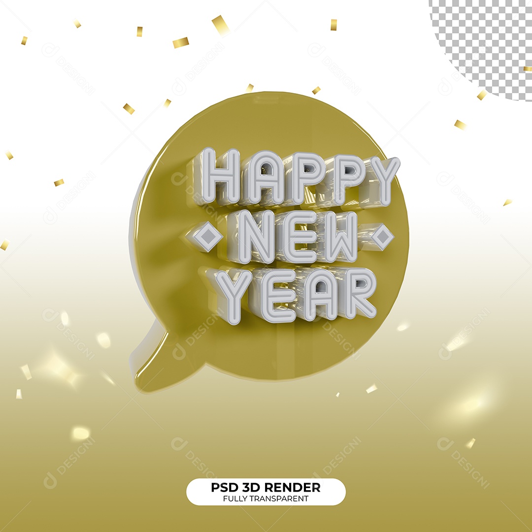 Selo 3D Feliz Ano Novo Happy New Year Dourado e Branco para Composição PSD