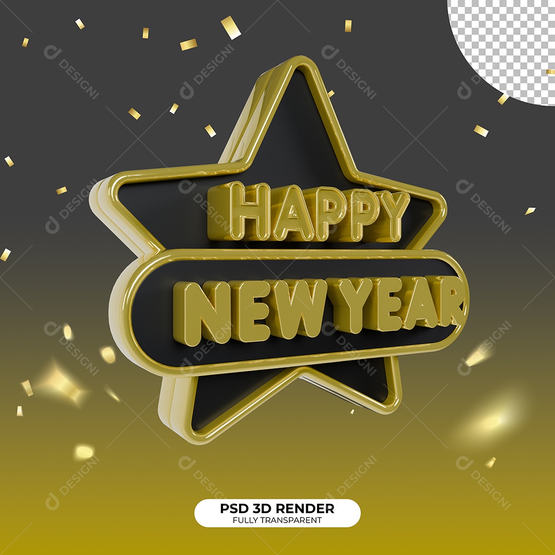 Feliz Ano Novo Happy New Year Selo 3D Dourado e Preto para Composição PSD