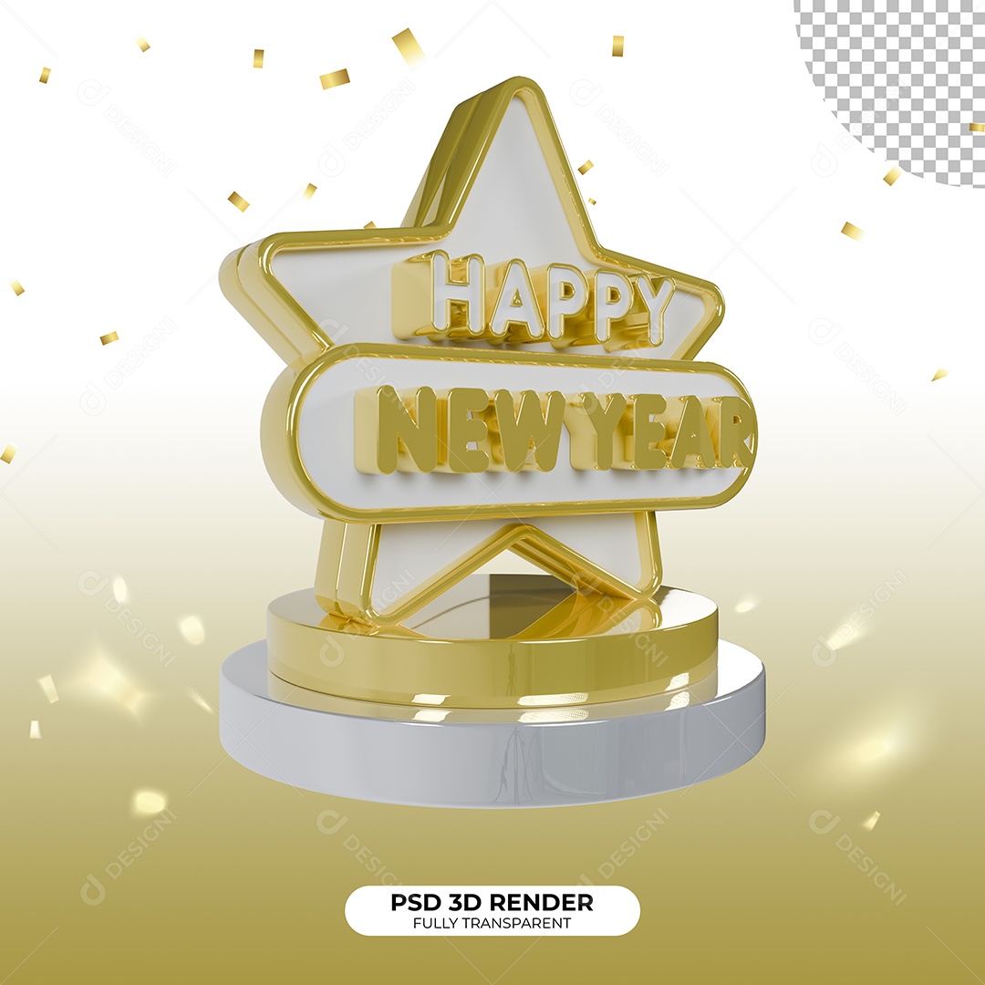 Feliz Ano Novo Happy New Year Selo 3D Branco e Dourado para Composição PSD