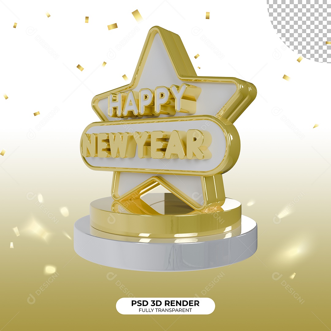 Feliz Ano Novo Happy New Year Selo 3D Branco e Dourado para Composição PSD