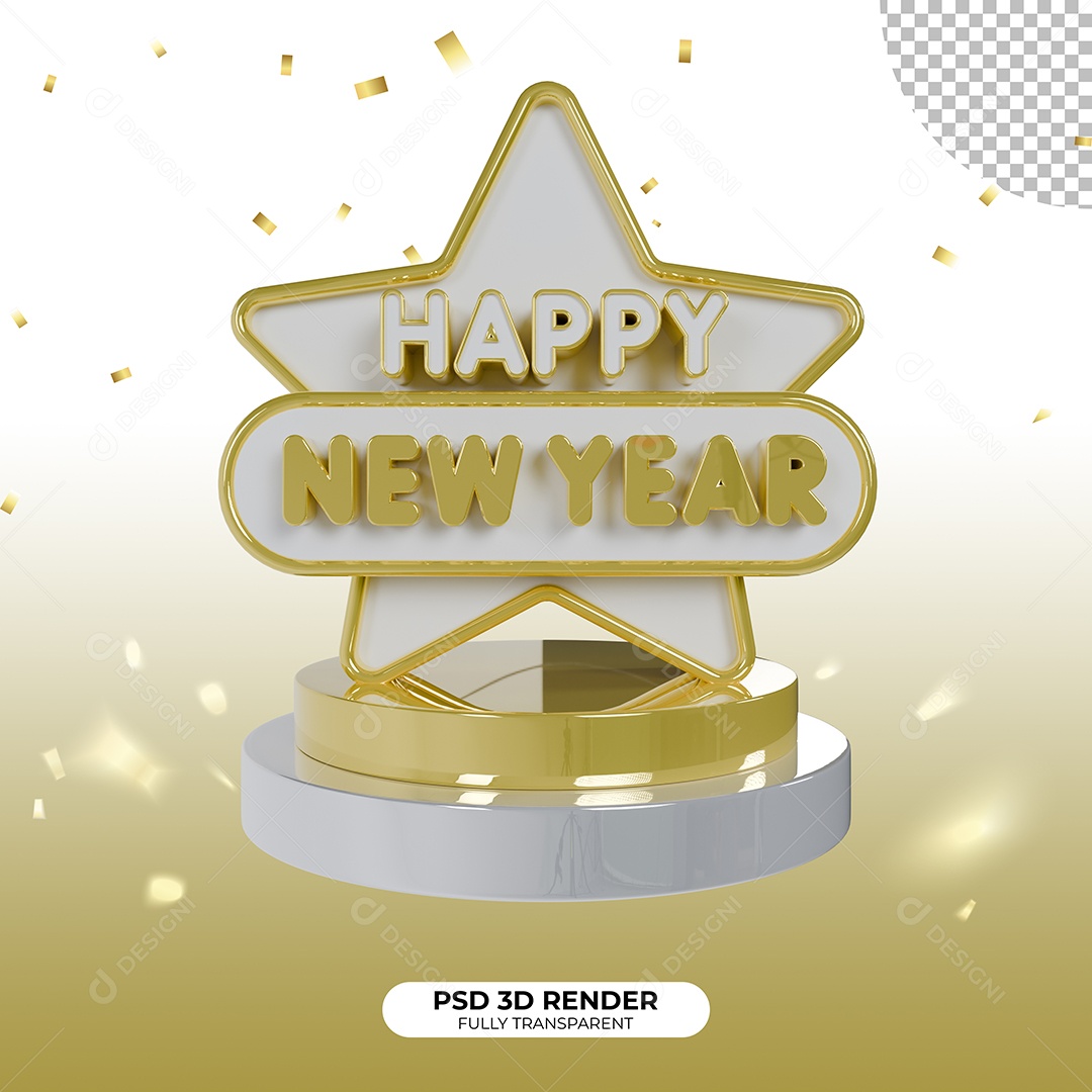 Feliz Ano Novo Happy New Year Selo 3D Branco e Dourado para Composição PSD