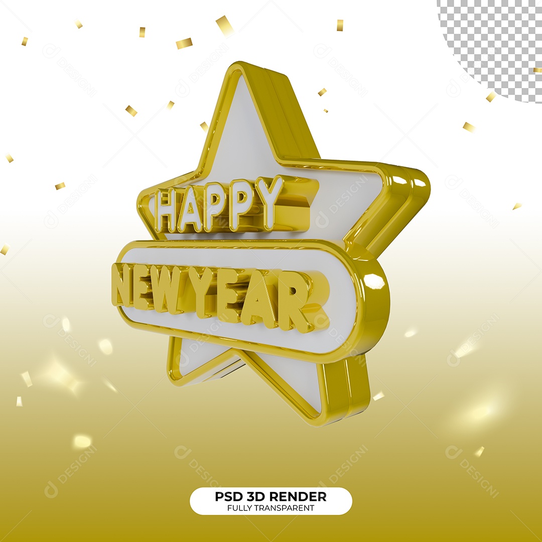 Selo 3D Feliz Ano Novo Happy New Year Dourado e Branco para Composição PSD