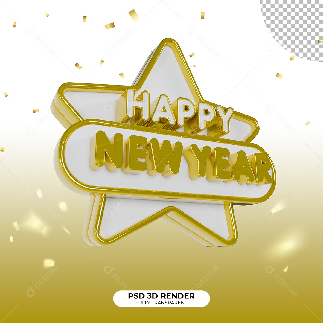 Feliz Ano Novo Happy New Year Selo 3D Dourado e Branco para Composição PSD