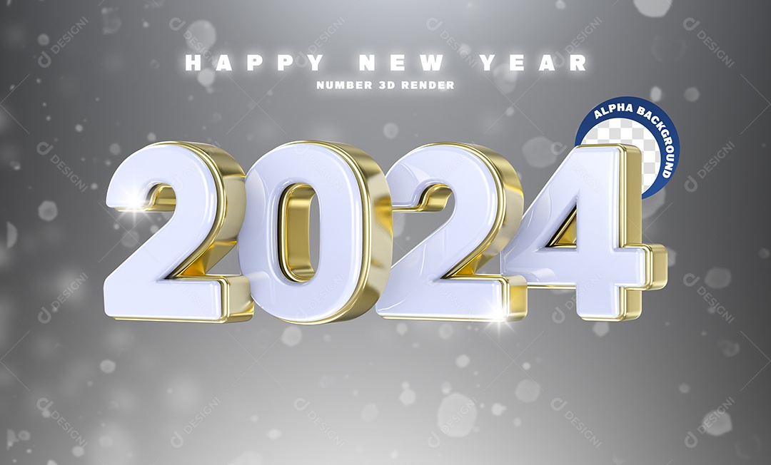 2024 Ano Novo Número 3D Branco Dourado para Composição PSD