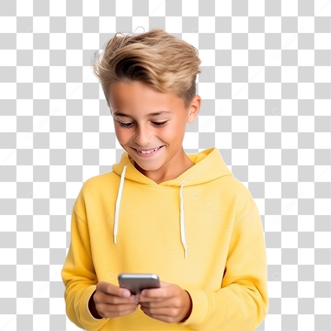 Menino de Amarelo com Celular na Mão PNG Transparente