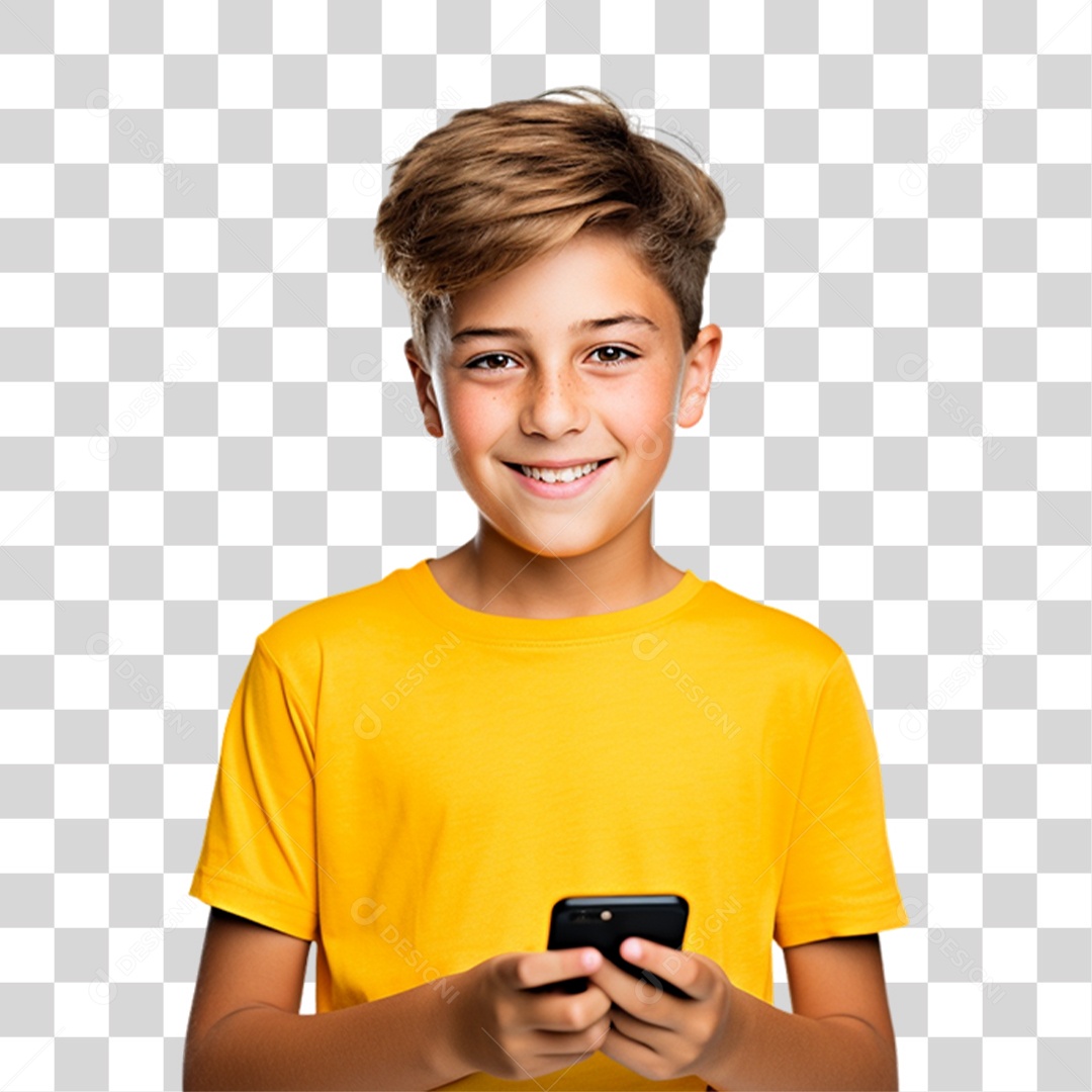 Menino de Amarelo com Celular na Mão PNG Transparente