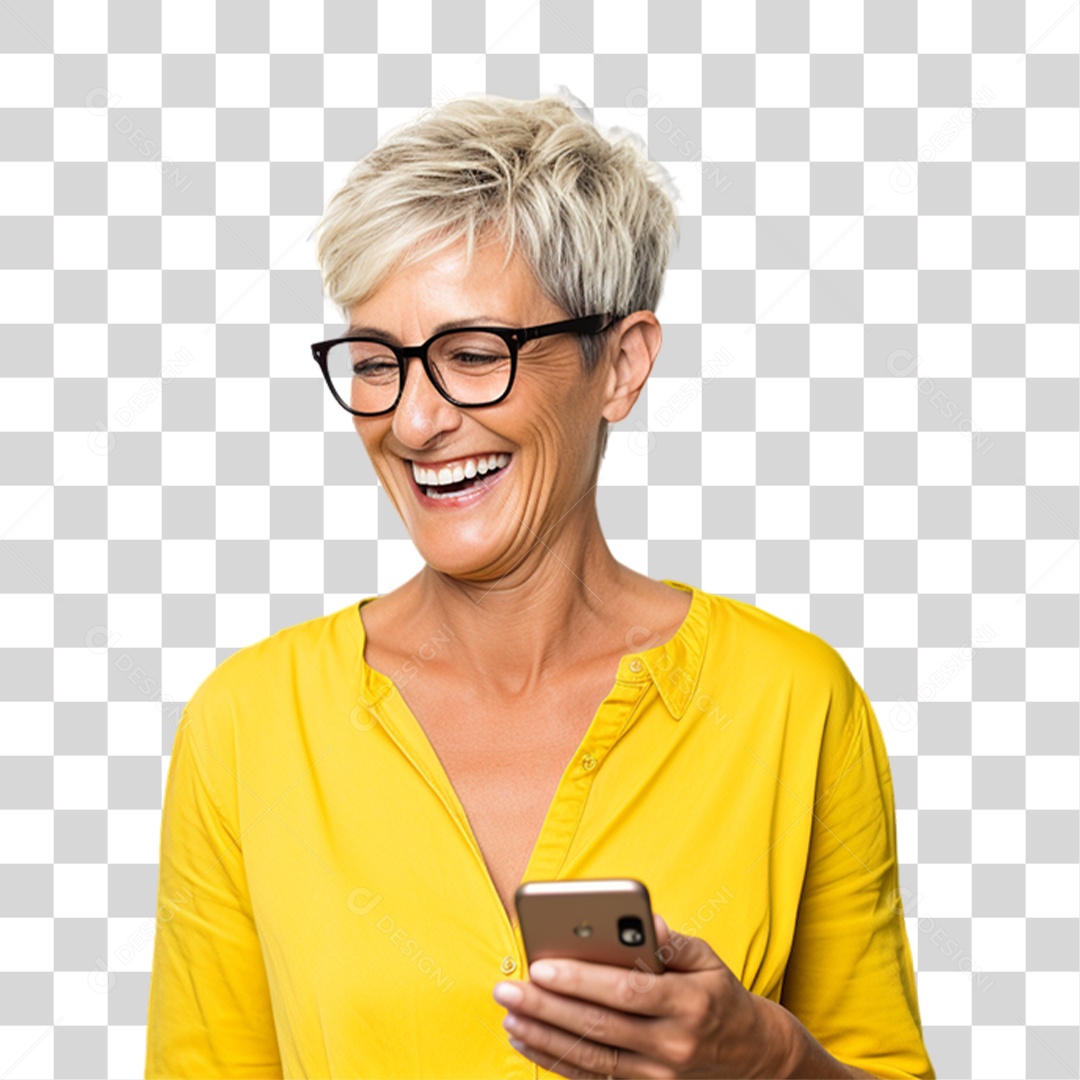Mulher de Amarelo com Celular na Mão PNG Transparente