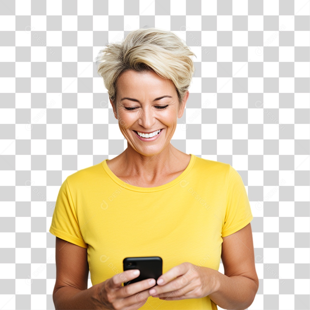 Mulher de Amarelo com Celular na Mão PNG Transparente