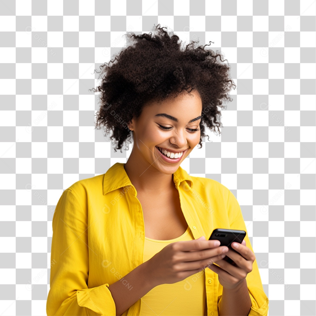 Mulher de Amarelo com Celular na Mão PNG Transparente