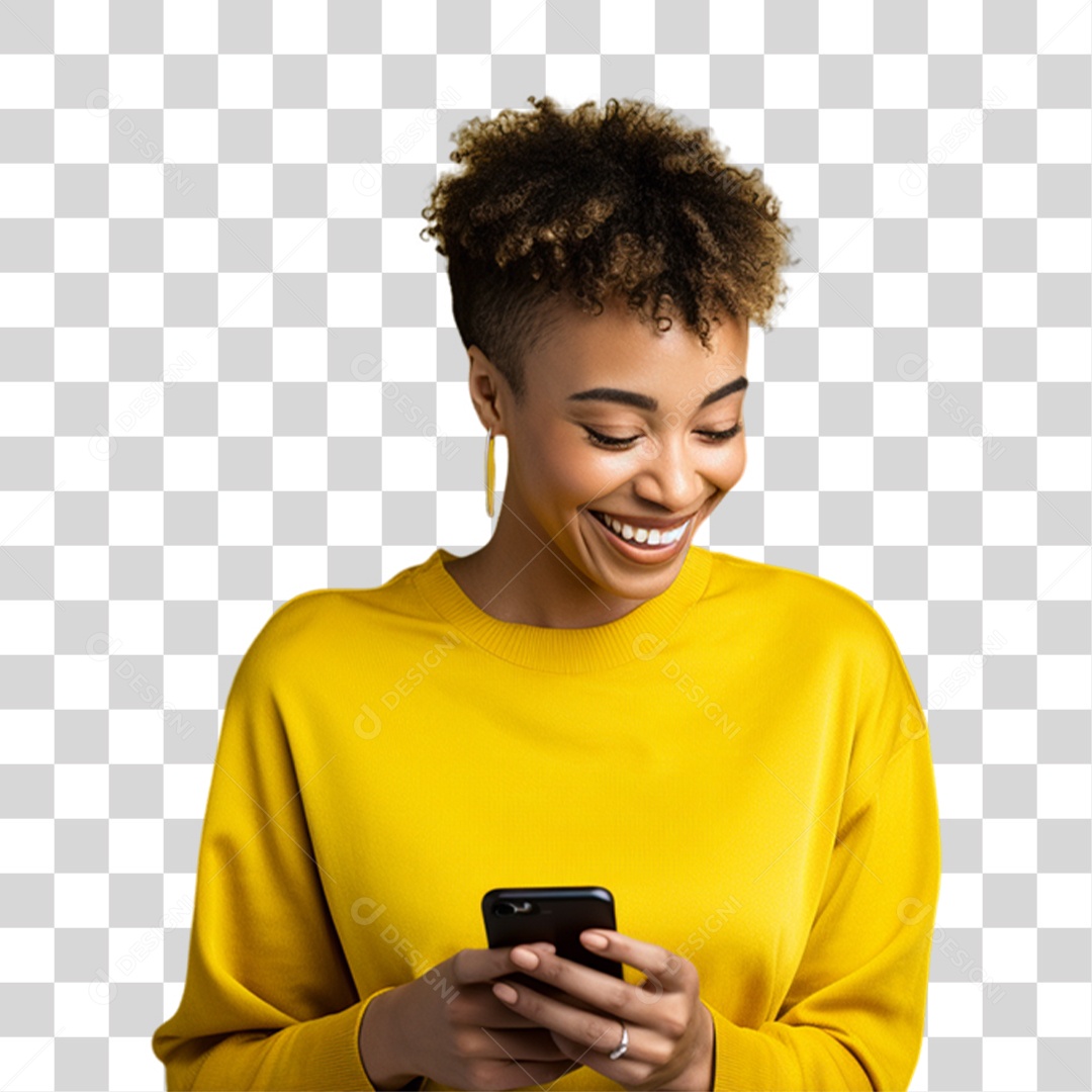 Mulher de Amarelo com Celular na Mão PNG Transparente