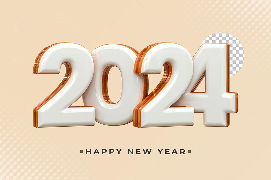 Elemento 3D Número 2024 Branco Dourado e Marrom de Ano Novo para Composição PSD