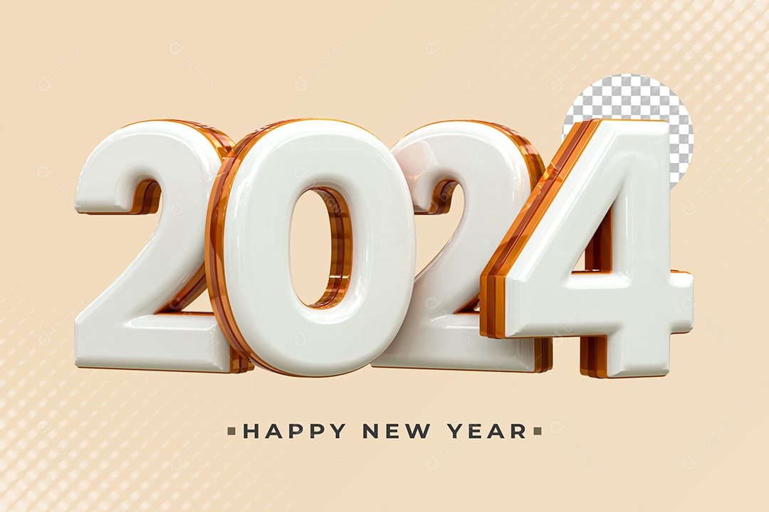 Número 2024 Branco Dourado e Marrom de Ano Novo Elemento 3D para Composição PSD