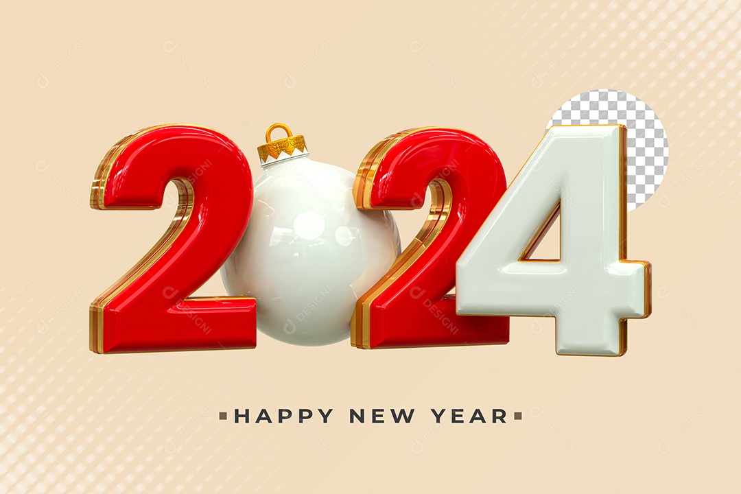 Número 2024 Vermelho Dourado e Branco de Ano Novo Elemento 3D para Composição PSD