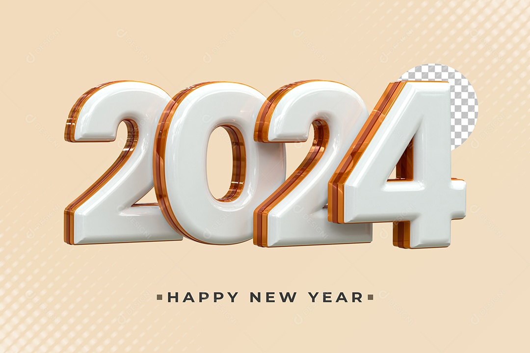Número 2024 Branco e Dourado de Ano Novo Elemento 3D para Composição PSD