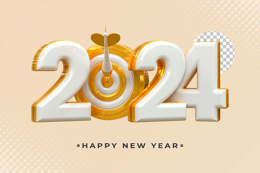 Número 2024 Branco e Dourado Elemento 3D de Ano Novo para Composição PSD
