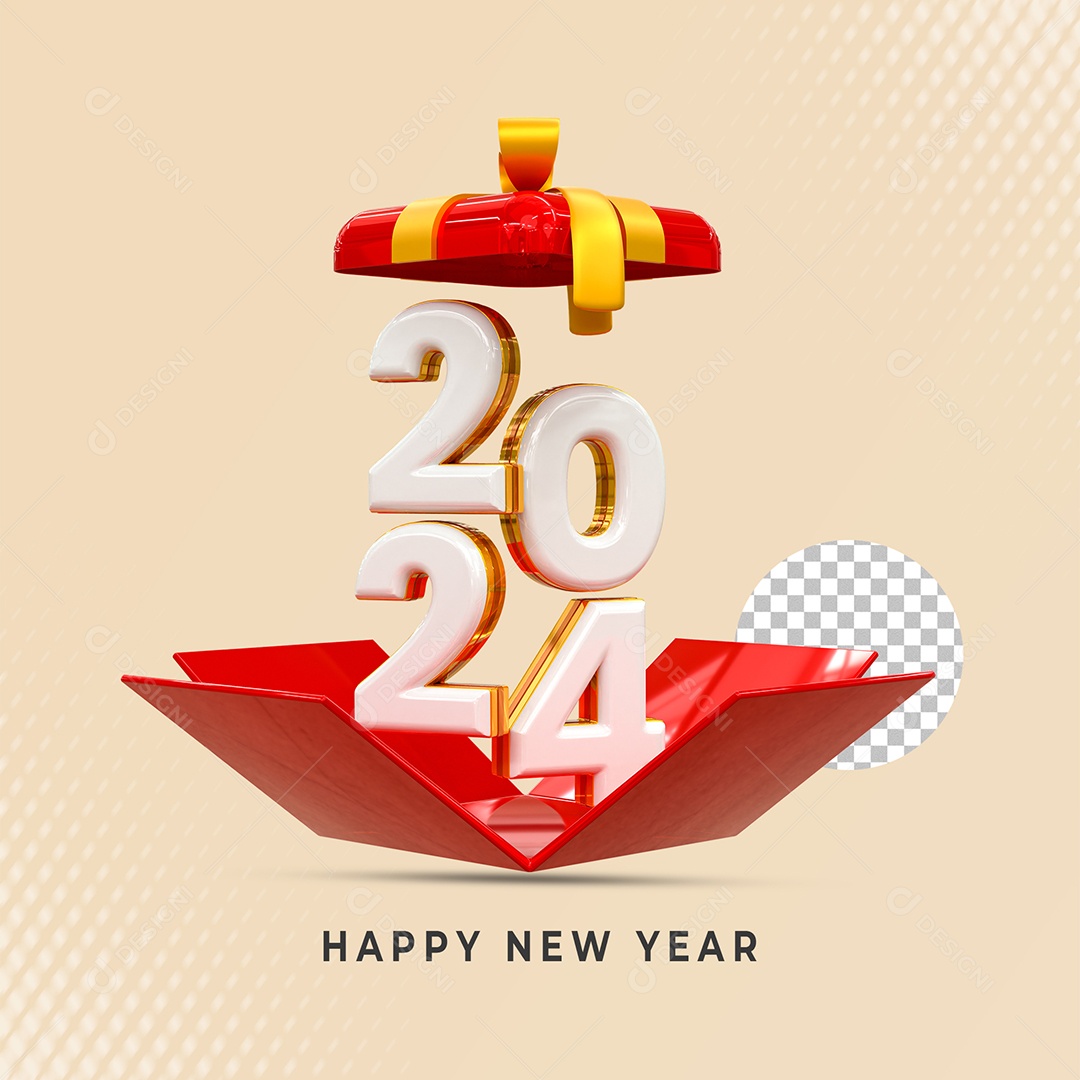 Número 2024 Branco e Dourado Elemento 3D de Ano Novo para Composição PSD