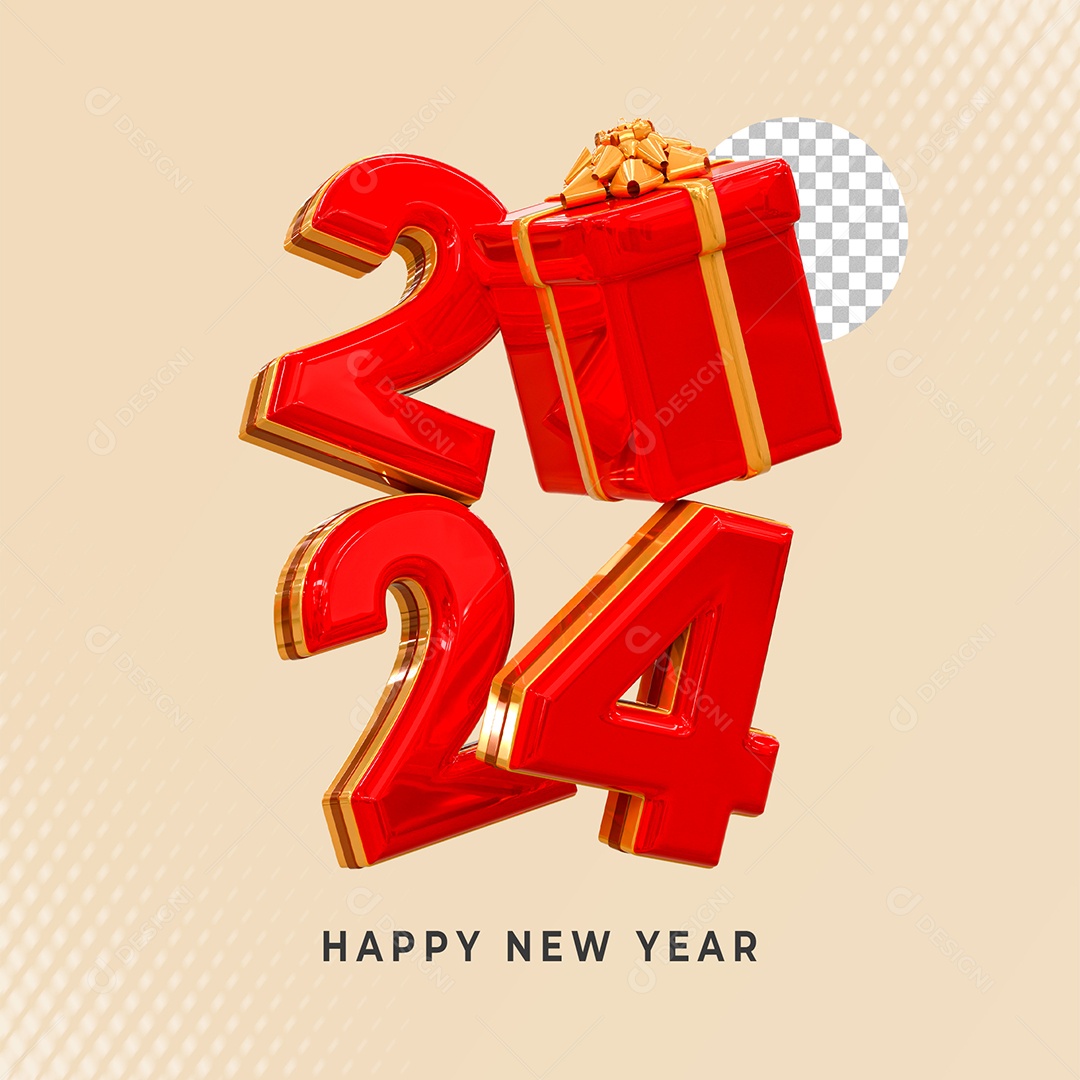 Número 2024 Vermelho e Dourado com Caixa de Presente Elemento 3D de Ano Novo para Composição PSD