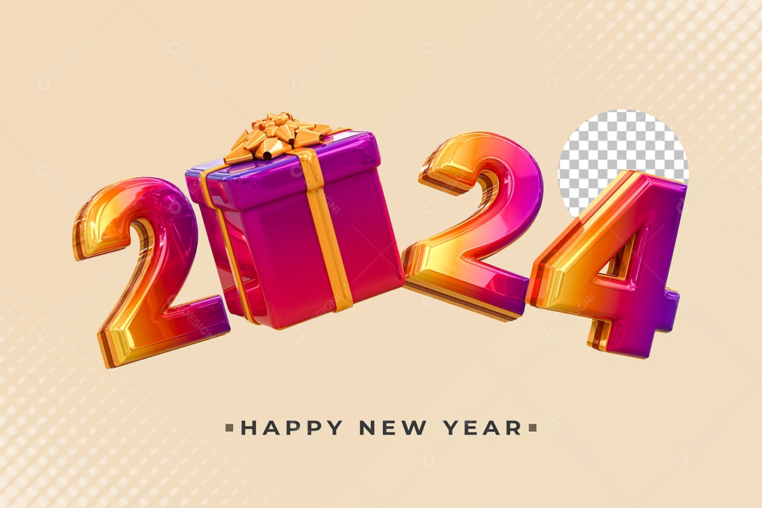 Número 2024 Colorido com Caixa de Presente Elemento 3D de Ano Novo para Composição PSD