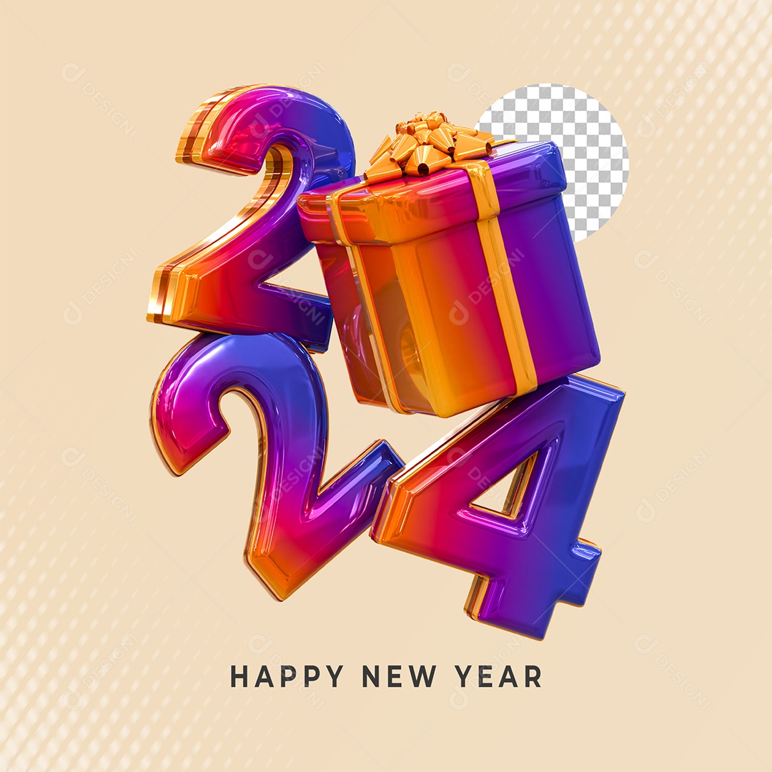 Número 2024 com Caixa de Presente Colorido Elemento 3D de Ano Novo para Composição PSD