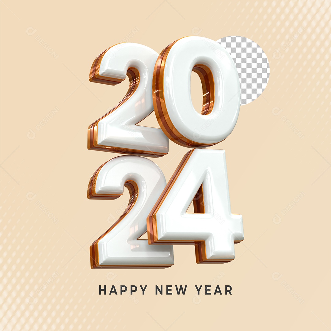 Número 2024 Branco e Dourado Elemento 3D de Ano Novo para Composição PSD